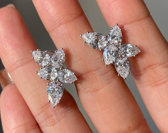 Cluster Moissanite Earrings 2 + 2 CTW Pear Cut Moissanite Earrings Bridal Wedding Earrings Latch Back Lock With Stud Lock Earrings For Women