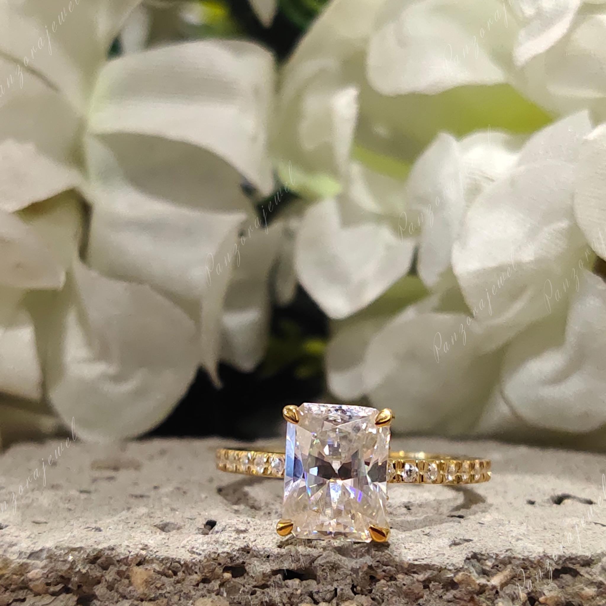 2.0 CTW Radiant Cut Solitaire Accent Wedding Ring Hidden Halo Moissanite Engagement Ring 18k Yellow Gold Proposal Ring GRA Certified D/VVS1