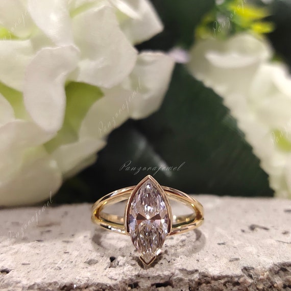 Half Bezel Marquise Cut Diamond Ring Classic Two Way Band Wedding Ring 14k Gold Promise Ring 1.6Ct IGI Certified Labgrown Diamond Ring