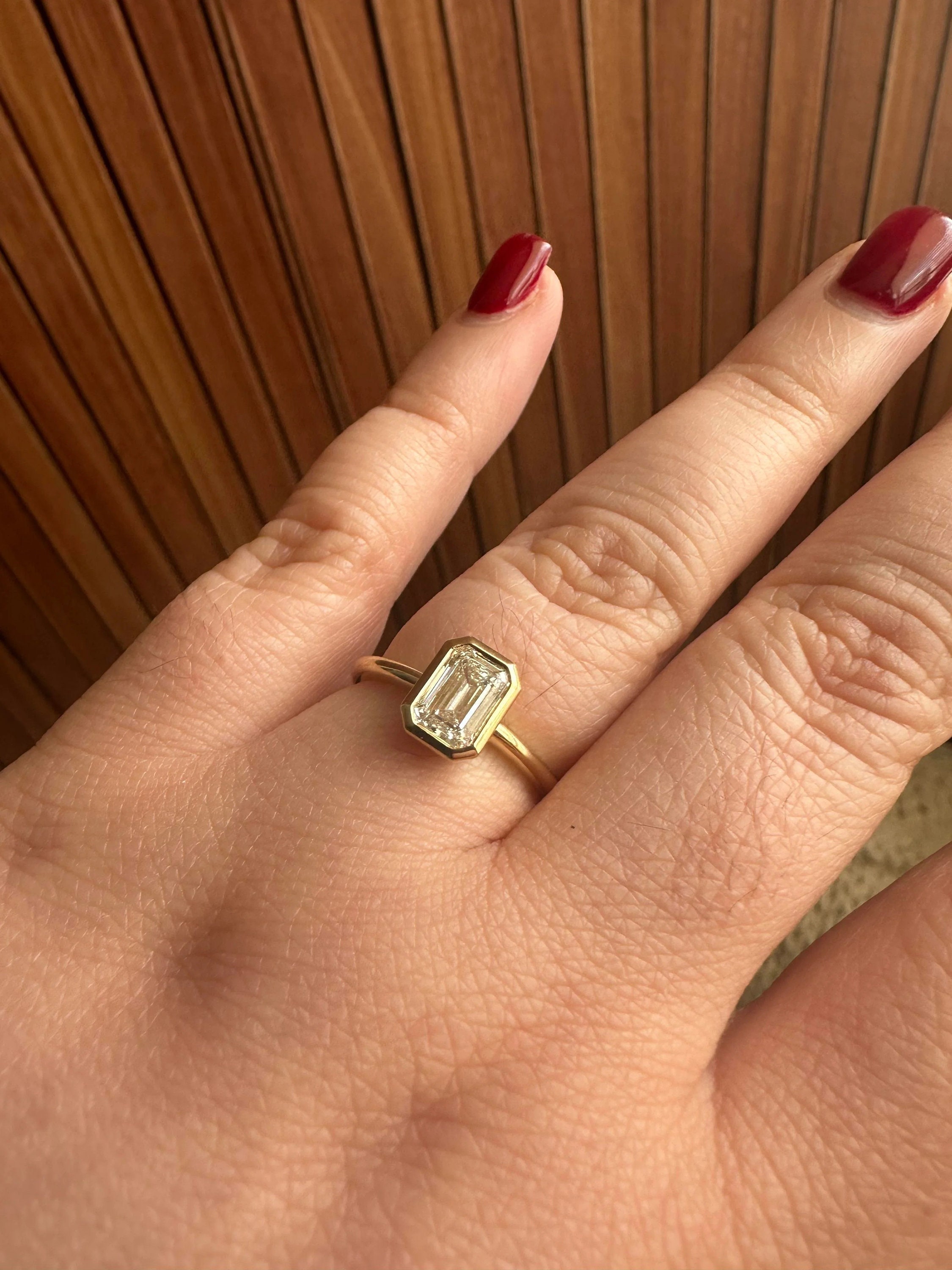 Bezel Set Emerald Cut Lab Grown Diamond Ring 7x5mm | 18K Gold