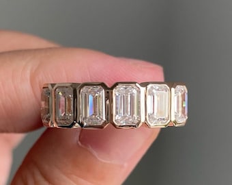 Emerald Cut Moissanite Eternity Band | Bezel Set Stackable Wedding Ring | 5x3mm Diamond Style Band for Her