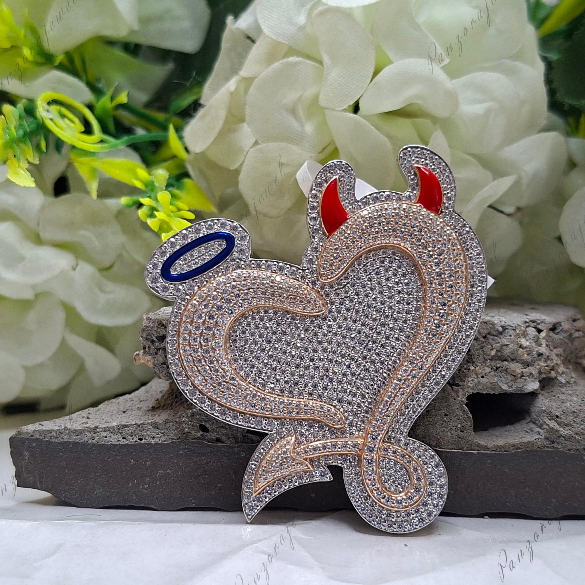 Handmade Iced Out Heart Shape Round Moissanite Pendant Devil Horns