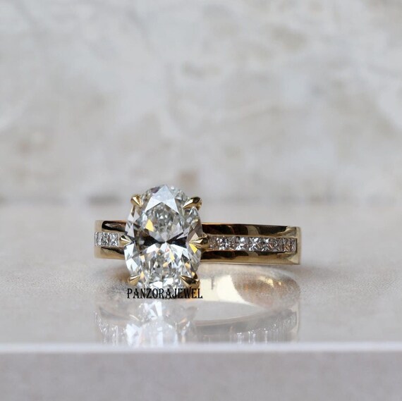 Chunky Diamond Band Oval Moissanite Engagement Ring 2.50 CTW