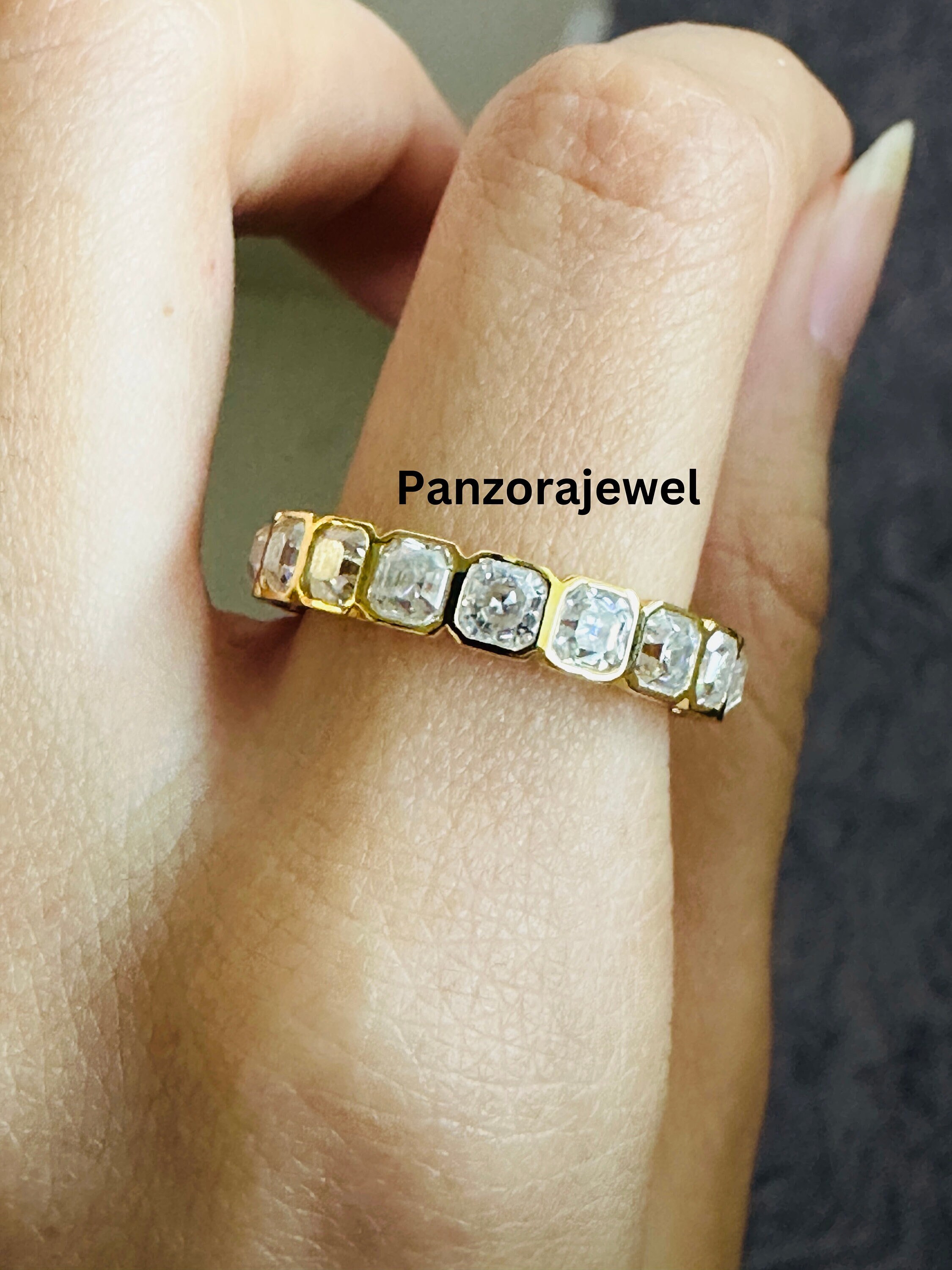 Bezel Set Moissanite Band Full Eternity Wedding Band 3.0 Mm Asscher Cut ...