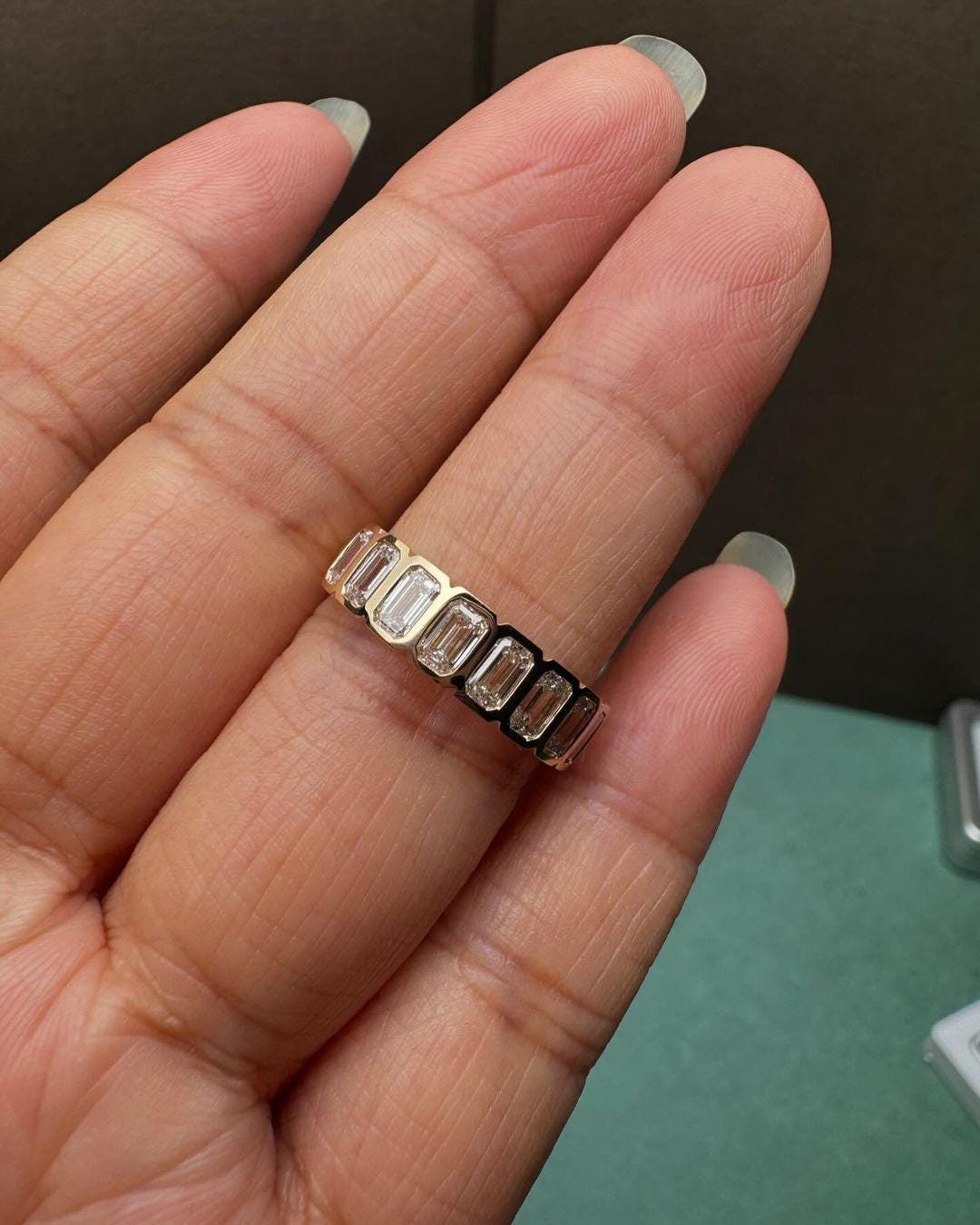 Emerald Cut Bezel Set Lab Grown Diamond Ring | Half Eternity Wedding ...
