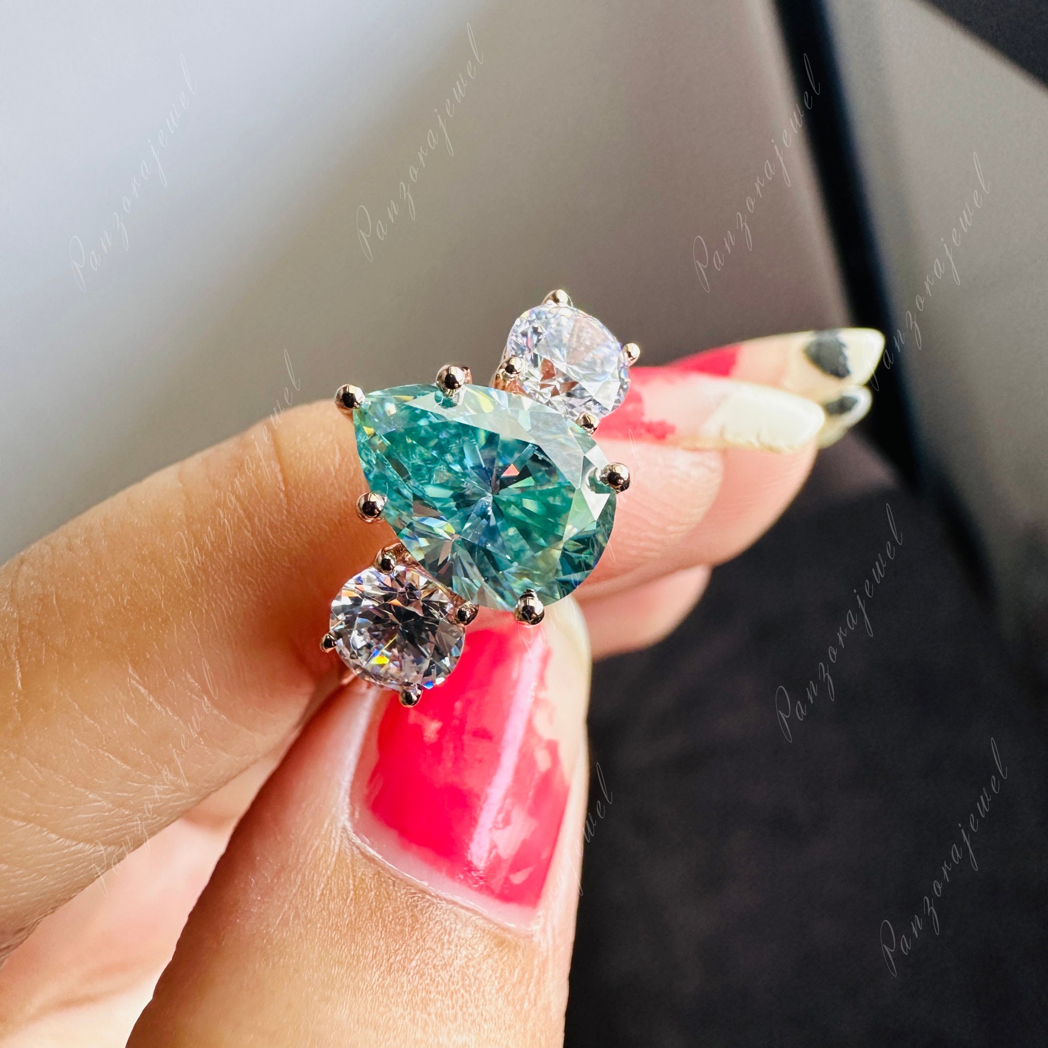 Green Diamond Ring CZ Three Stone Engagement Ring 2.50 CTW