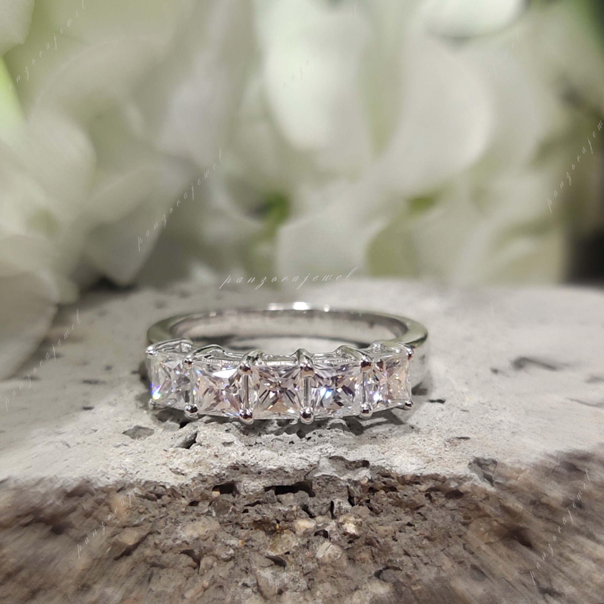 Five Stone Princess Cut Moissanite Band 4mm | Square Eternity 