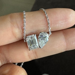 Toi Et Moi Moissanite Pendant Two Stone Moissanite Necklace 3.00 CTW Emerald & Pear Cut Moissanite Pendant With Chain Unique Diamond Pendant