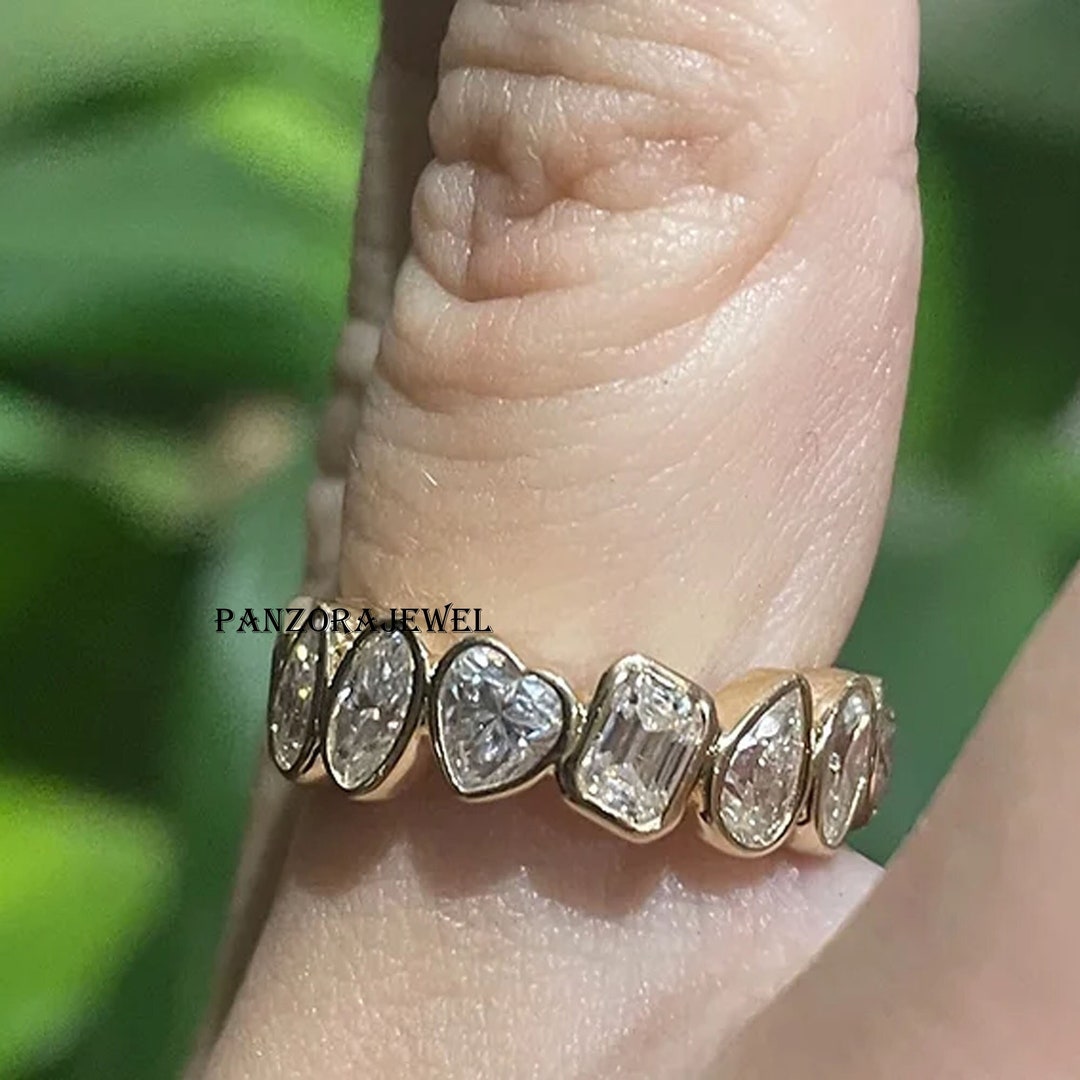 Bezel Set Moissanite Wedding Band Multi Stone Moissanite Band 3.60 CTW Heart, Emerald, Pear