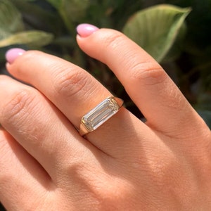Long Baguette Moissanite Wedding Band East West Engagement Ring 14k Gold Half Bezel Wedding Promise Ring Anniversary Ring For Her