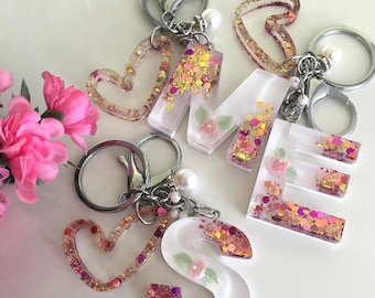 Personalized Rose Resin Letter Keychain | Glitter Floral Initial Charm, Bag Accessory