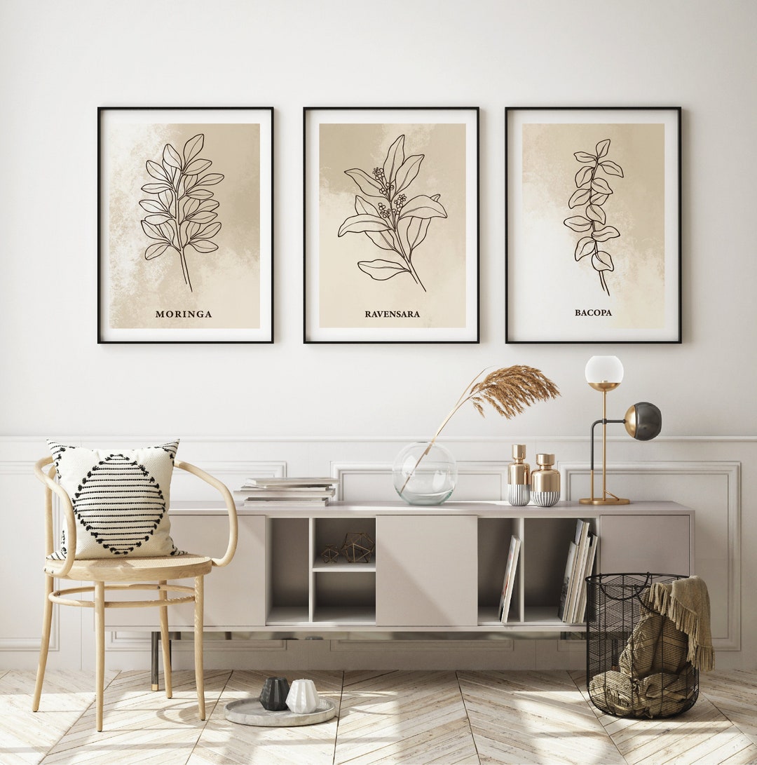 Set of 3 Neutral Botanical Wall Art Prints, Living Room Wall Art ...