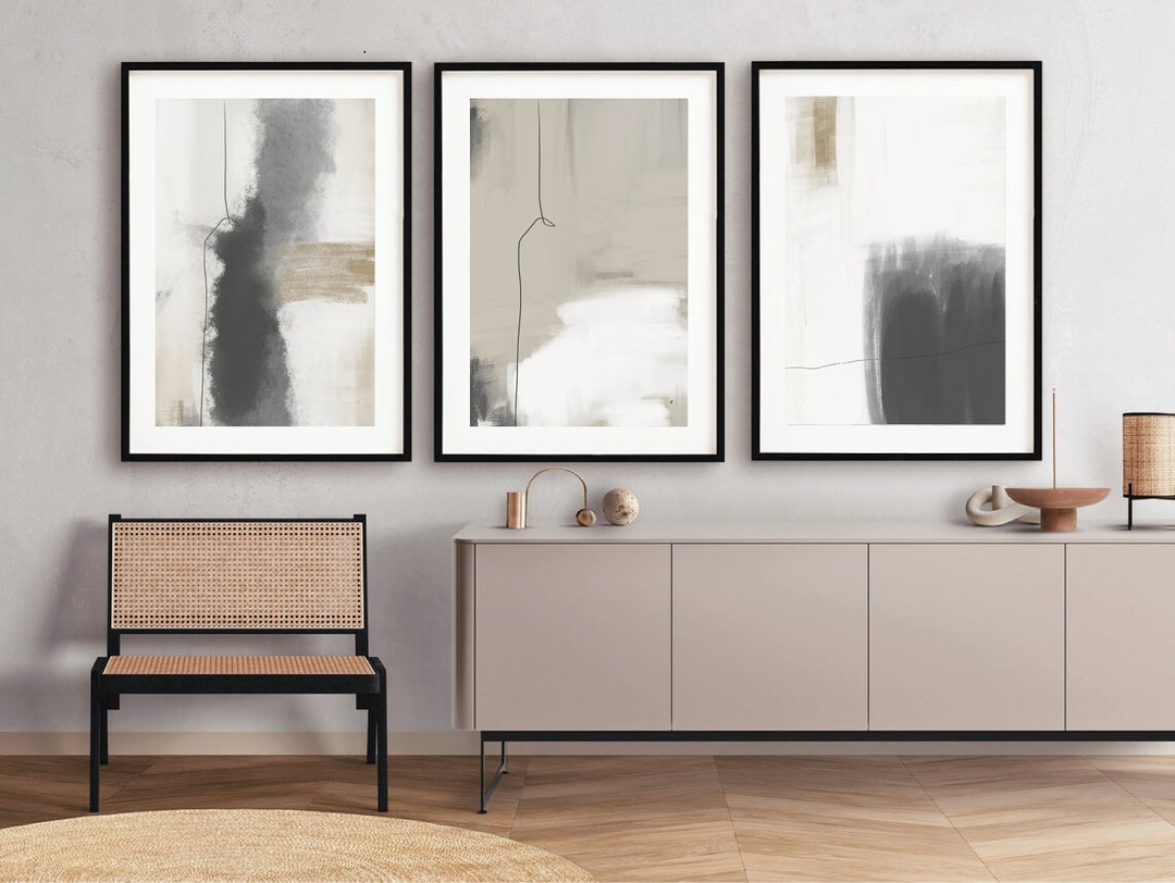 Modern Neutral Abstract Wall Art Set of 3, Black and Beige Abstract ...