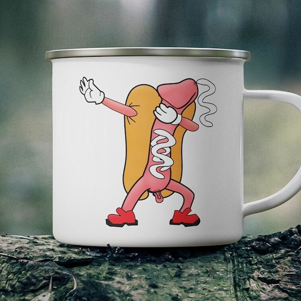 Funny Penis Camping Mug | Dabbing Hotdog Campfire Metal Enamel Mug | Adult Gag Gift Idea | Mature Cup Men or Women | NSFW Offensive Humor