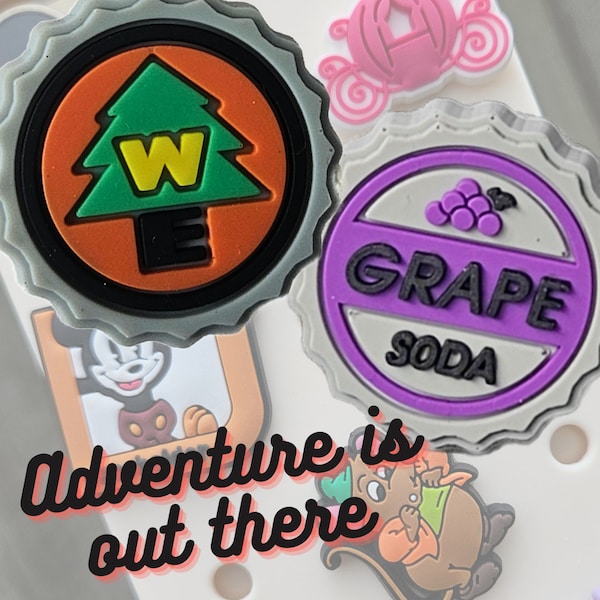 Adventure is out there Bottle Caps Shoe & Phone Case Charm - Wilderness Explorer and Grape Soda