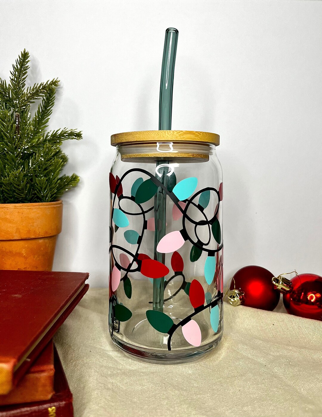 Christmas Lights Beer Can Glass, 16 Oz Beer Can Glass, Christmas Glass