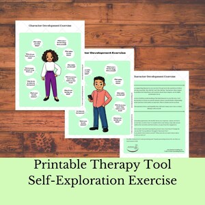 Puede incluir: Herramienta de terapia imprimible con ejercicios de desarrollo del carácter. Las hojas de trabajo presentan ilustraciones de personas y preguntas para la autoexploración. El texto en la parte inferior dice "Printable Therapy Tool Self-Exploration Exercise."