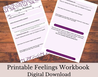 Druckbares Gefühls-Arbeitsbuch für Achtsamkeit (Lila), Therapie-PDF, Angst-Arbeitsbuch, Ressource für psychische Gesundheit, Journal, Selbstpflege-Tool