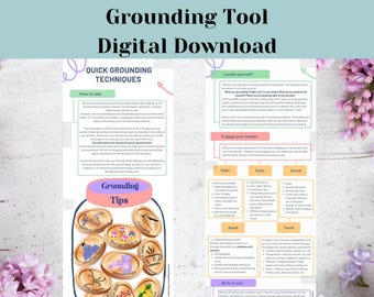May include: A digital download titled "Grounding Tool" with "Quick Grounding Techniques" and "Locate Yourself" sections. The image includes a jar labeled "Grounding Tips" with illustrated coins. The image also includes sections on sight, taste, smell, sound, and touch.