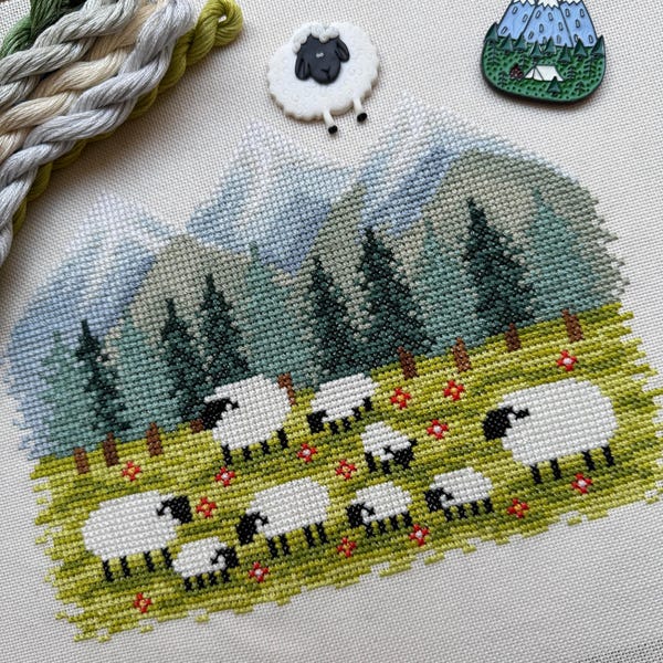 Cross Stitch Art Pattern Mountains Sheep, Lamb forest farm, Embroidery Digital Design, Printable PDF Chart, point de croix, punto de cruz
