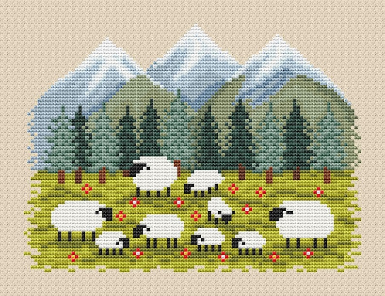 May include: A cross-stitch design featuring a pastoral scene with white sheep grazing in a green meadow dotted with red flowers. Behind them are green trees and blue mountains, all set against a beige background.