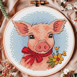 Cross Stitch Art Pattern Piggie in Flower, Counted Embroidery Digital Design, Printable PDF Pig Chart, DIY, point de croix, punto de cruz