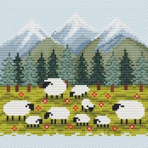 May include: A cross-stitch design featuring a pastoral scene. White sheep graze in a green meadow dotted with red flowers. Behind them are evergreen trees, snow-capped mountains, and a light blue sky. The design has a pixelated, handmade aesthetic.