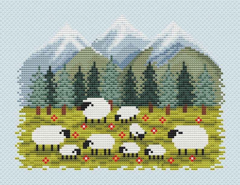 May include: A cross-stitch design featuring a pastoral scene. White sheep graze in a green meadow dotted with red flowers. Behind them are evergreen trees, snow-capped mountains, and a light blue sky. The design has a pixelated, handmade aesthetic.