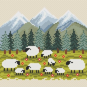 May include: A cross-stitch design featuring a pastoral scene. White sheep with black faces graze in a green meadow dotted with red flowers. Behind them are green trees, blue mountains, and a light beige sky.