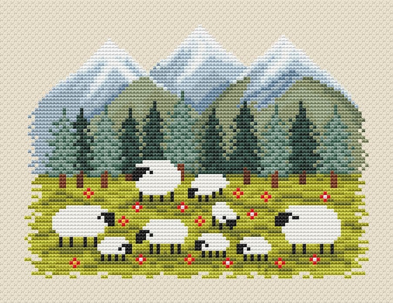 May include: A cross-stitch design featuring a pastoral scene. White sheep with black faces graze in a green meadow dotted with red flowers. Behind them are green trees, blue mountains, and a light beige sky.