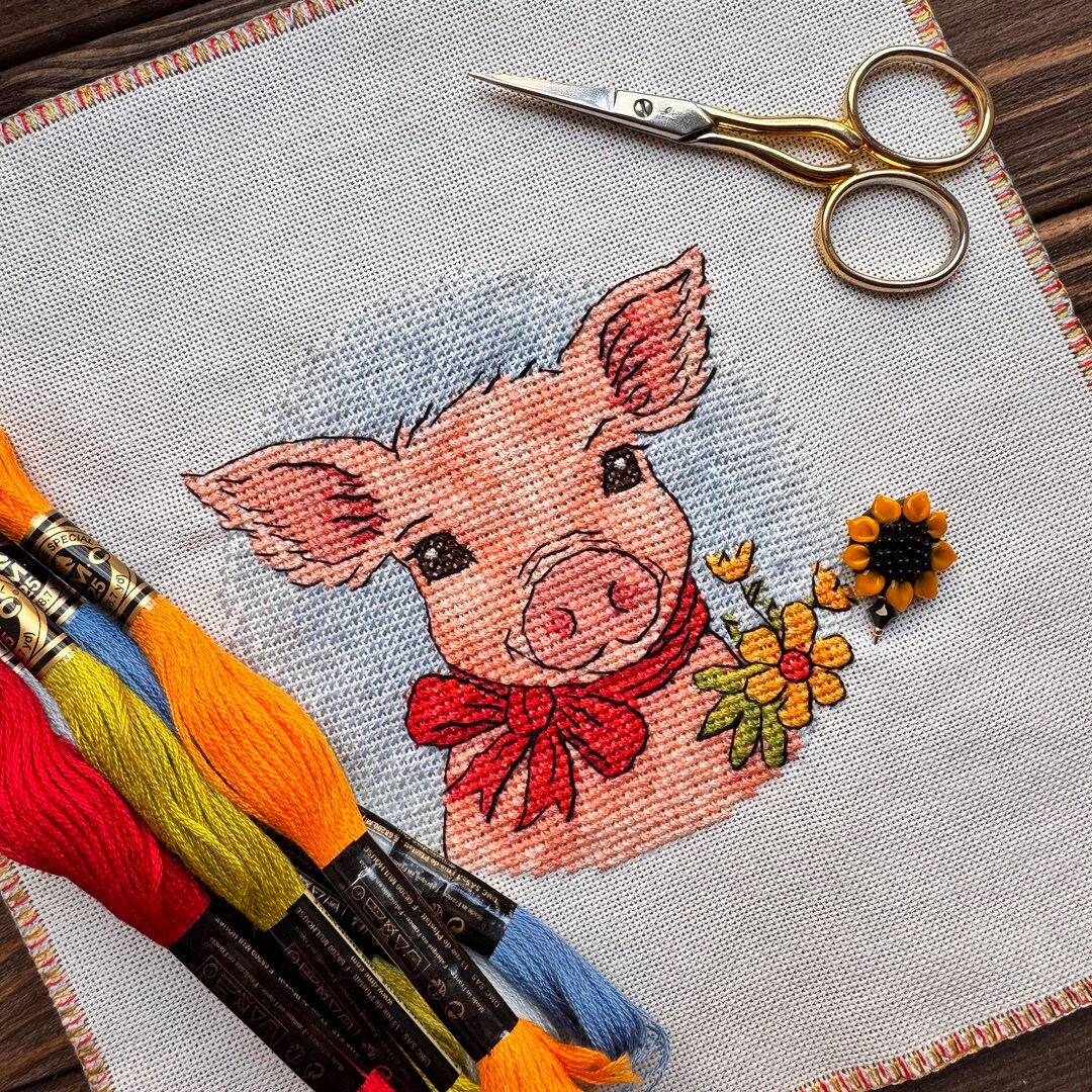 Cross Stitch Art Pattern Piggie in Flower, Counted Embroidery Digital ...