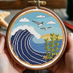 Padrão de arte em ponto cruz de mar, oceano pequeno primitivo, gráfico PDF para impressão de paisagem marinha, bordado à mão engraçado com design digital DMC, ponto de cruz