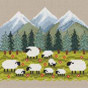 May include: Cross-stitch design featuring a pastoral scene. White sheep graze in a green meadow dotted with red flowers. Behind them are green trees and blue mountains. The background is a light tan color.