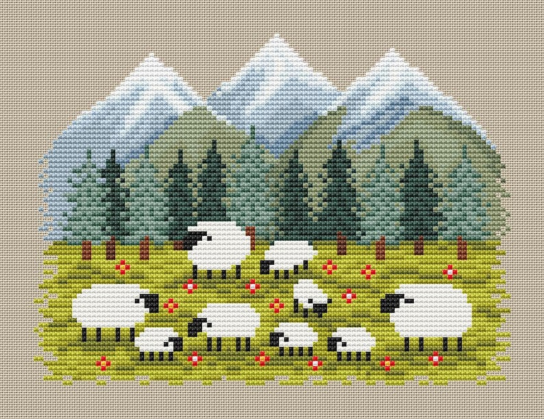 May include: Cross-stitch design featuring a pastoral scene. White sheep graze in a green meadow dotted with red flowers. Behind them are green trees and blue mountains. The background is a light tan color.