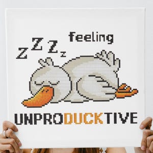 Cross Stitch Art Pattern Funny Sleeping Duck, Animal Farm, Counted Embroidery Digital Design, Printable PDF Chart, DIY, home humor decor