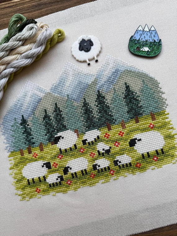 Cross Stitch Art Pattern Mountains Sheep, Lamb forest farm, Embroidery Digital Design, Printable PDF Chart, point de croix, punto de cruz