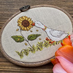 Cross Stitch Art Pattern Goose and Sunflower, farm garden sampler, Embroidery Digital Design, Printable PDF Chart, Instant Download, DIY