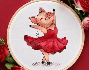 Dancing Pig Cross Stitch Art Pattern, Counted Embroidery, Printable PDF DMC Chart, point de croix, punto de cruz
