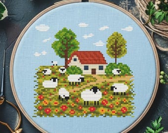 Mountain Sheep Cross Stitch Pattern Art, Farm Forest Landscape Embroidery Chart (PDF)