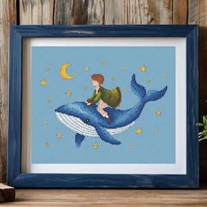 Blue Magic Whale with Boy Cross Stitch Art Pattern, Printable PDF Chart, Hand Embroidery, Digital Design, Instant Download, Counted, DIY