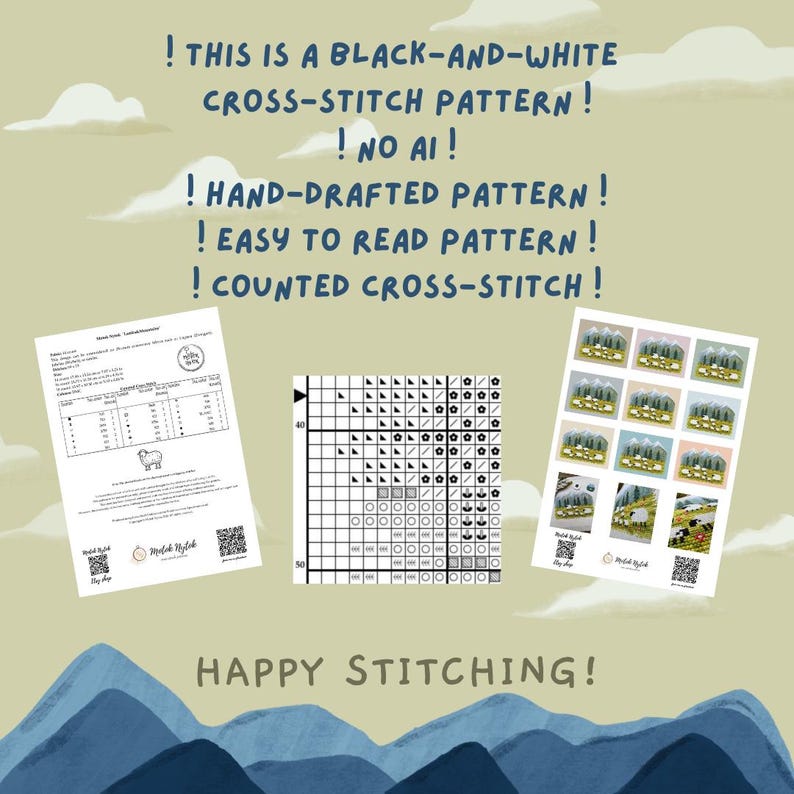 May include: A cross-stitch pattern with the text "THIS IS A BLACK-AND-WHITE CROSS-STITCH PATTERN! NO AI! HAND-DRAFTED PATTERN! EASY TO READ PATTERN! COUNTED CROSS-STITCH!" The image includes a pattern chart, a color key, and sample images. The phrase "HAPPY STITCHING!" is also present.