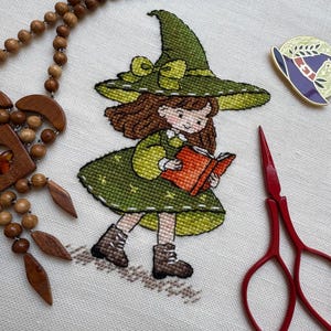 Cross Stitch Art Pattern Nerd Witch, Magic Book, Embroidery Digital Design, Printable PDF Chart, Instant Download, Counted, DIY