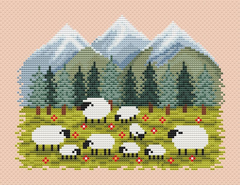 May include: Cross-stitch design featuring a pastoral scene with white sheep grazing in a green meadow dotted with red flowers. Behind the sheep are green pine trees and blue mountains, all set against a light pink background.