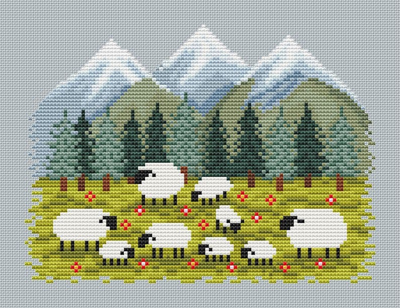 May include: A cross-stitch design featuring a pastoral scene with white sheep grazing in a green meadow dotted with red flowers. Behind them are green pine trees, snow-capped mountains, and a light blue sky.