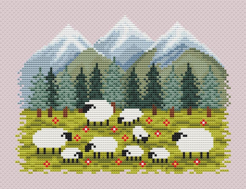 May include: A cross-stitch design featuring a pastoral scene with white sheep grazing in a green meadow dotted with red flowers. Behind the sheep are green trees and blue mountains, all set against a light pink background.