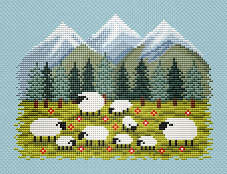 May include: A cross-stitch design featuring a pastoral scene with white sheep grazing in a green meadow dotted with red flowers. Behind the sheep are green trees and snow-capped mountains, all set against a light blue background.