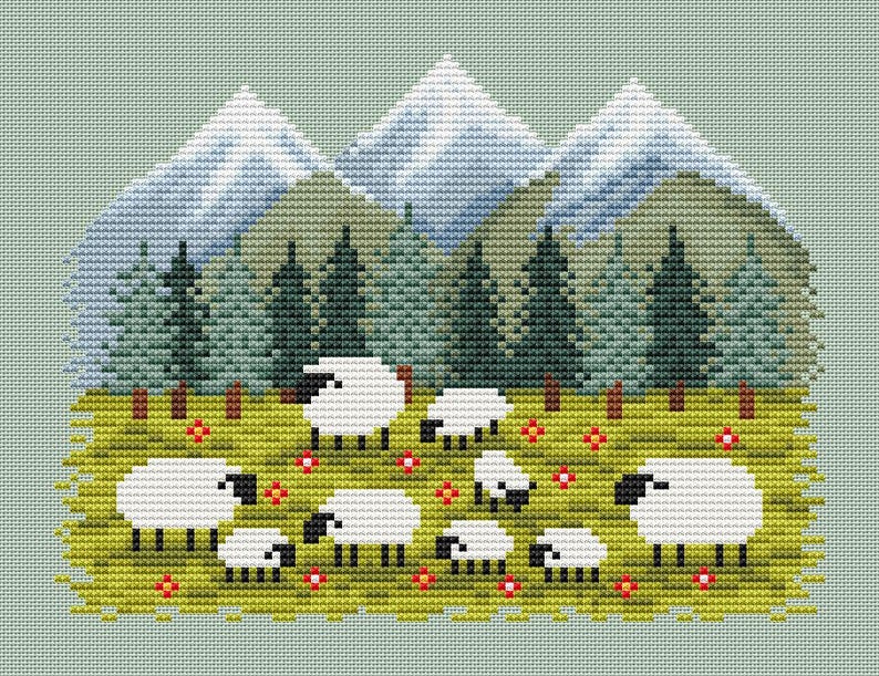 May include: A cross-stitch design featuring a pastoral scene with white sheep grazing in a green meadow dotted with red flowers. Behind them are green pine trees and snow-capped mountains, all set against a light green background.