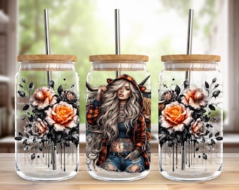 16oz Libby can wrap highland cow tattoo girl, Sublimation design templates, 16oz png Digital download. Clip art download, 16oz wrap, uvdtf