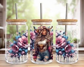 16oz Libby can wrap, highland cow tattoo girl, Sublimation design templates, 16oz png Digital download. Clip art download, 16oz wrap,uvdtf