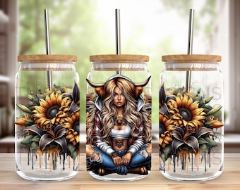16oz Libby can wrap highland cow tattoo girl, Sublimation design templates, 16oz png Digital download. Clip art download, 16oz wrap,uvdtf